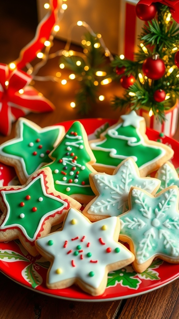 Decorated Christmas sugar cookies in festive shapes on a holiday plate with fairy lights in the background.